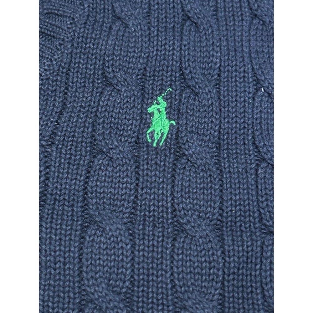 Ralph Lauren Cable Knit V-Neck Sweater Navy XL Green Pony 100% Cotton preppy - Picture 5 of 7